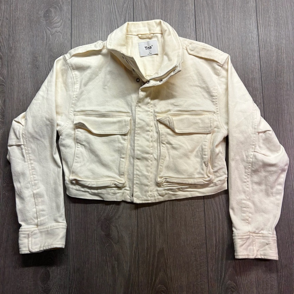 Tna Aritzia Women Cream Cropped Utility Denim Jacket Small Off White Military